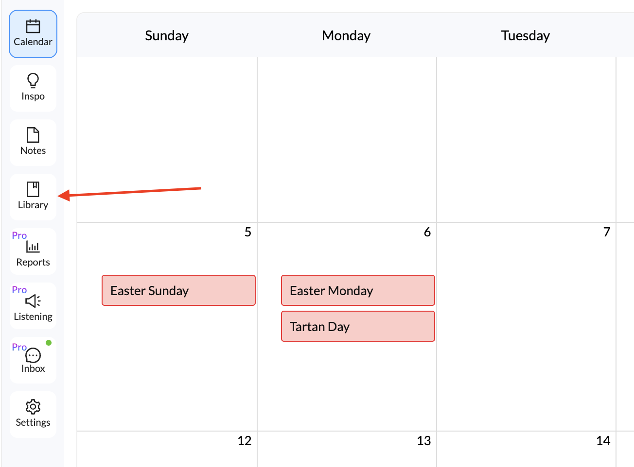Digital calendar showing April 2023 with dates 5th to 13th visible. Easter Sunday is marked on the 5th, Easter Monday on the 6th, and Tartan Day on the 6th. Navigation menu is on the left.