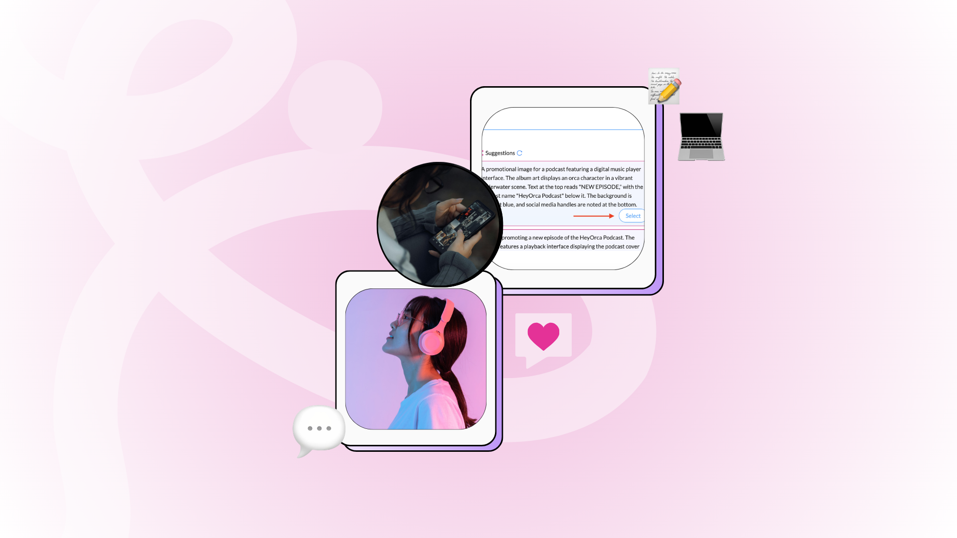 Abstract digital design featuring a woman wearing headphones with a pink neon light. Surrounding elements include a laptop, a text editing section, and a heart symbol, suggesting a theme of creativity and connection.