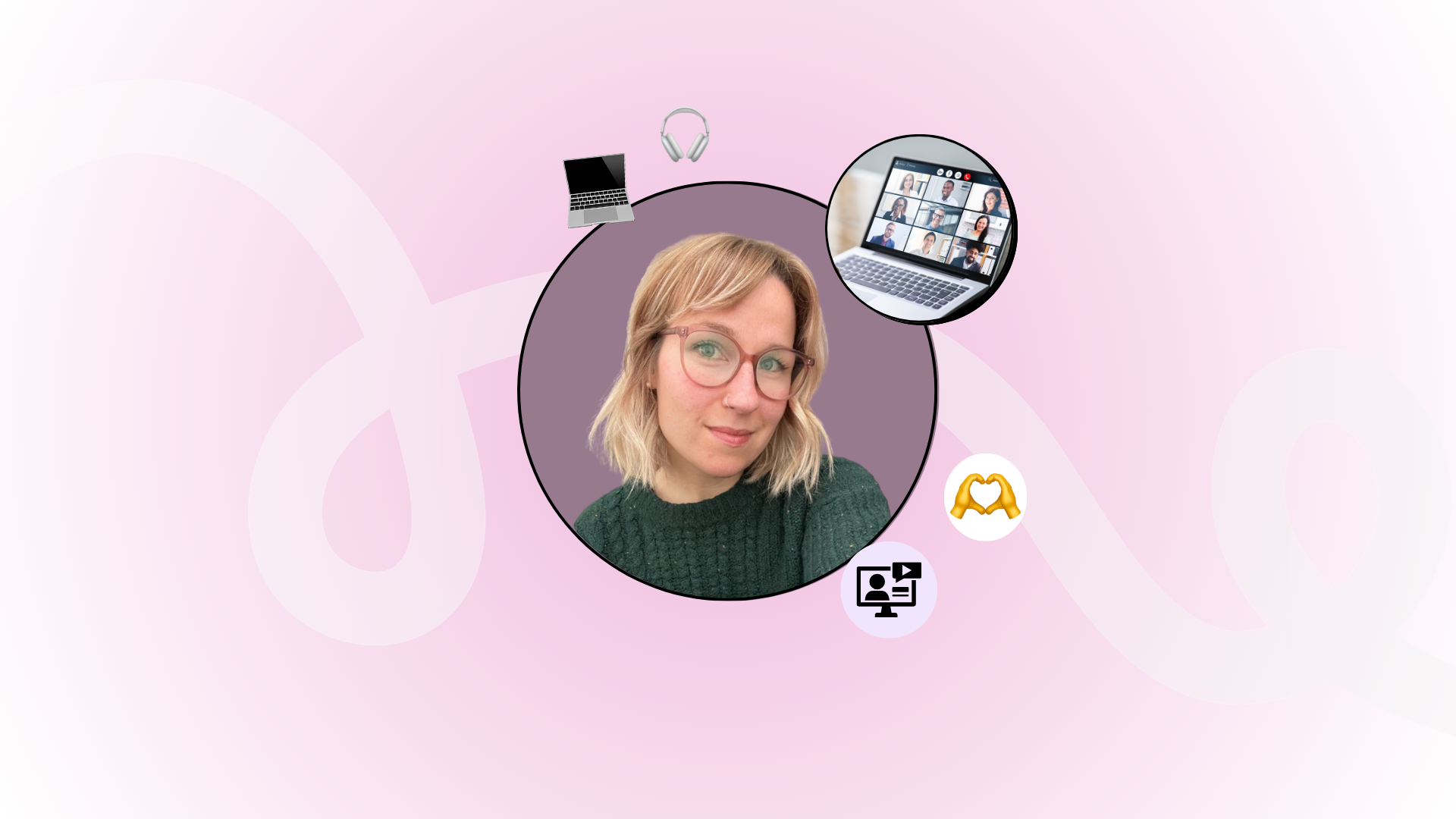 A woman with glasses and blonde hair in a green sweater is centred in a circular frame. Surrounding her are icons including a laptop, headphones, and a design tool on a soft pink background.