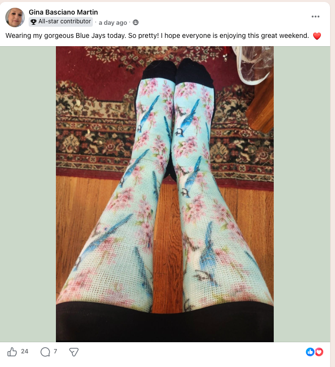 Person wearing knee-high socks with a blue jay and floral pattern, feet overlapping on a decorative rug.