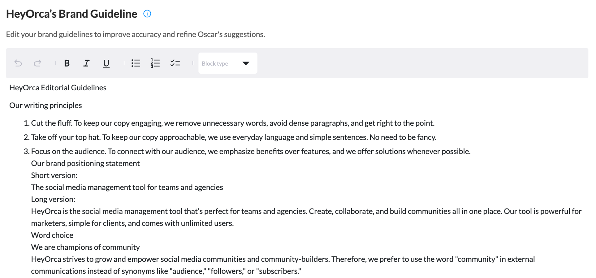 A document outlining HeyOrca's brand guidelines, emphasizing concise writing, audience focus, and the preferred use of 'communities' over 'community.' Includes instructions for creating content that highlights the benefits and features of their social media management tool.
