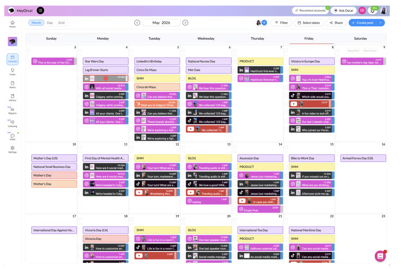 A digital calendar for May 2026 filled with blocks of texts in various colours, each representing different events or tasks. Days are organized in a weekly format from Sunday to Saturday, displaying a variety of scheduled events or deadlines.