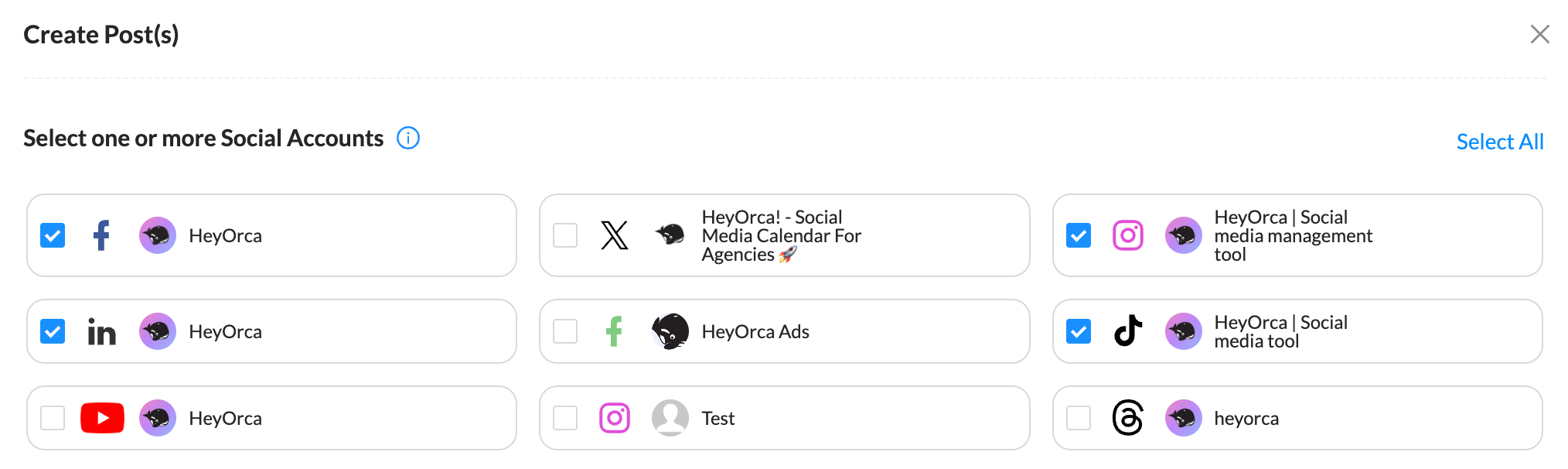 A software interface for selecting social media accounts to post content. Platforms available include Facebook, LinkedIn, YouTube, Facebook Ads, TikTok, and Instagram. Each platform has checkboxes for selection.