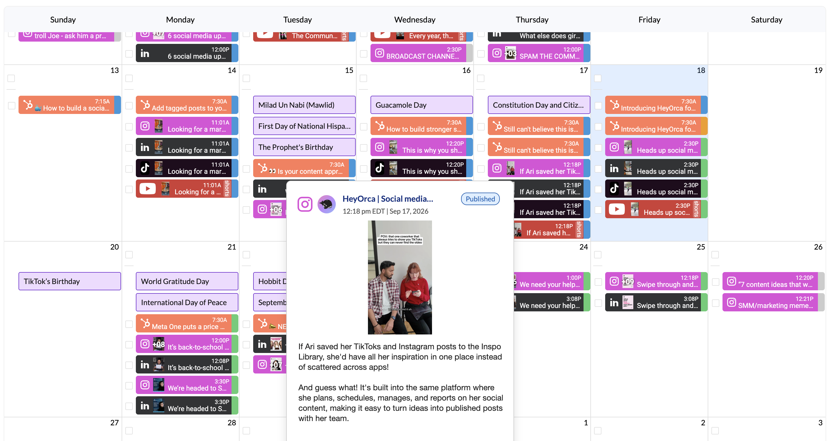 A digital calendar view showing a monthly schedule with various events and tasks. The dates are populated with colourful blocks indicating different activities, including social media posts, blog entries, and special observances.