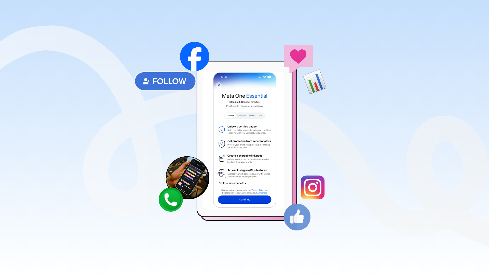 A digital illustration featuring a smartphone displaying social media services surrounded by various social media icons like Facebook, Instagram, and a 'Follow' button. The background is a light blue gradient with abstract shapes.