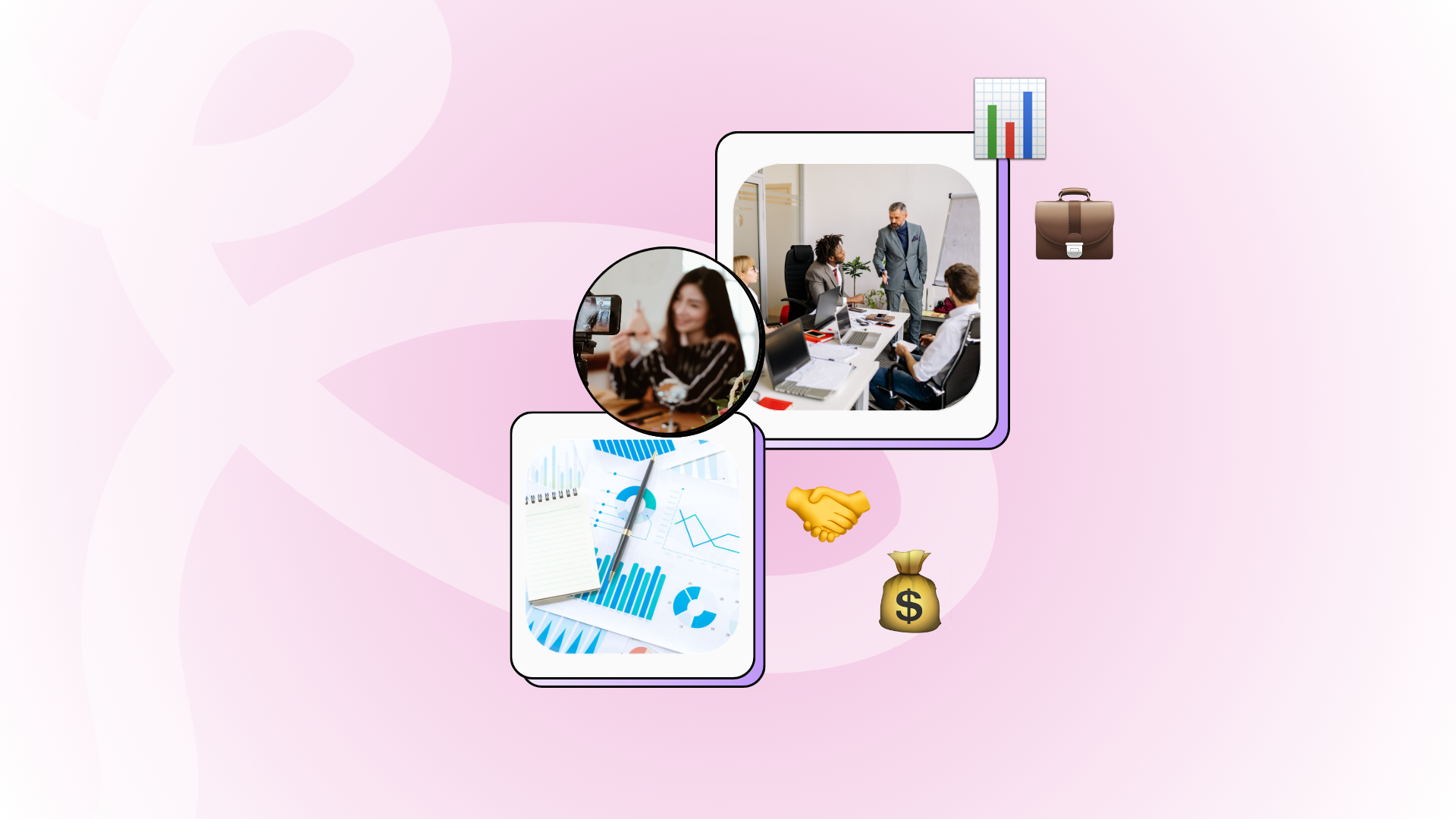 A collage of images depicting a business meeting and data analysis on a pink background. One image shows professionals gathered around a conference table, and another shows financial graphs. Business-related icons, like a suitcase and money bag, are included.