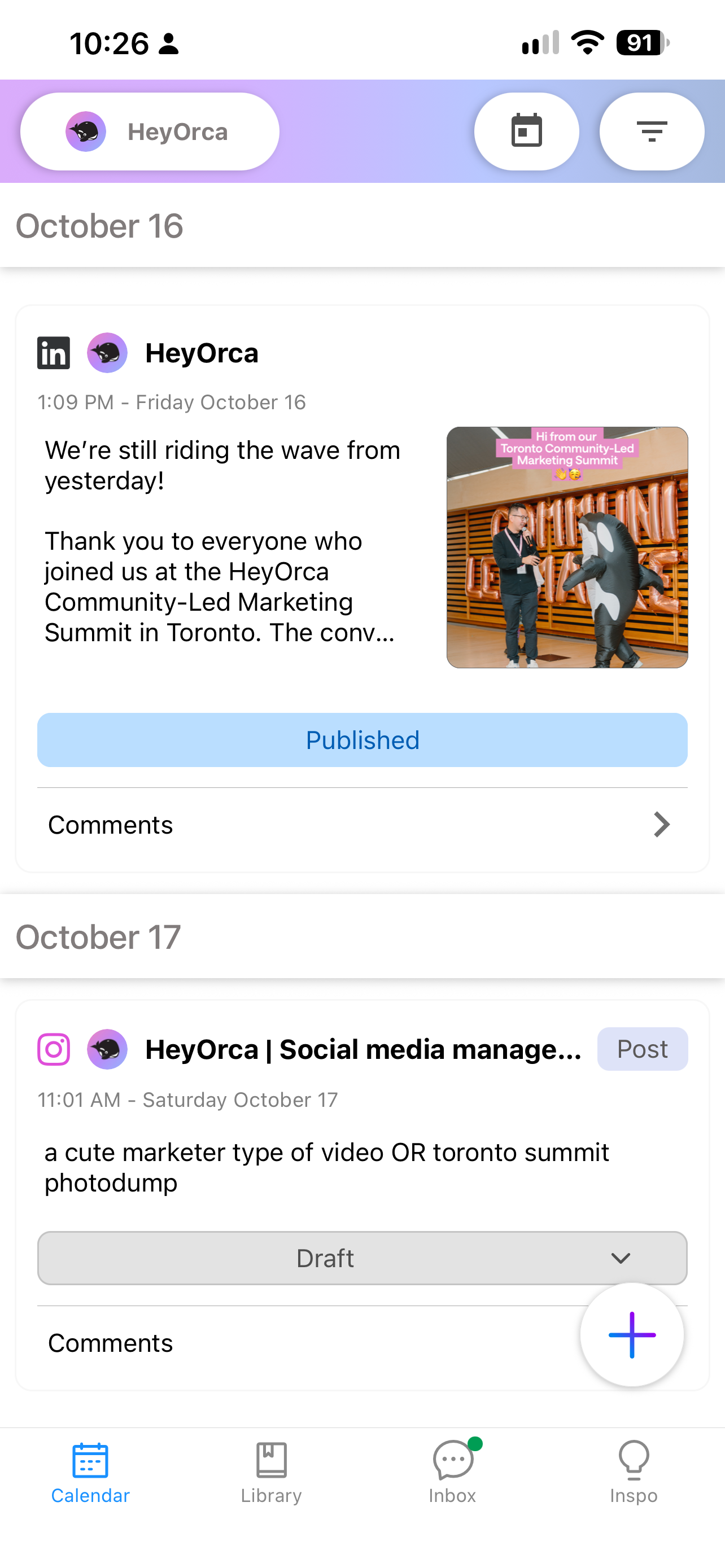 Screenshot of an app interface showing a scheduled post for October 16 by HeyOrca, mentioning a marketing summit in Toronto with an attached image of two people on stage.