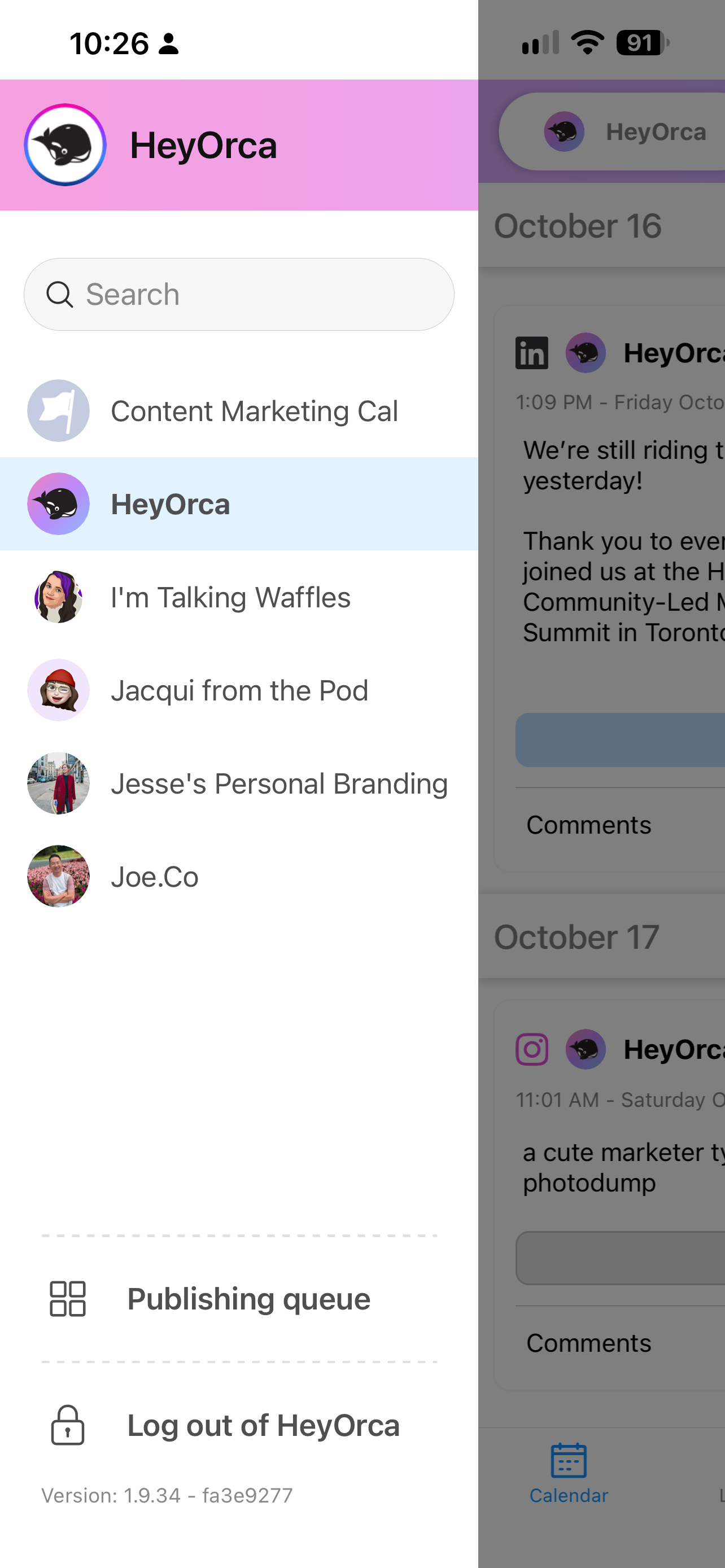 A mobile app screenshot displaying a list of workspaces on the left with names like 'Content Marketing Cal' and 'HeyOrca'. The main screen shows a discussion thread dated October 16 and 17 with text and comments sections.
