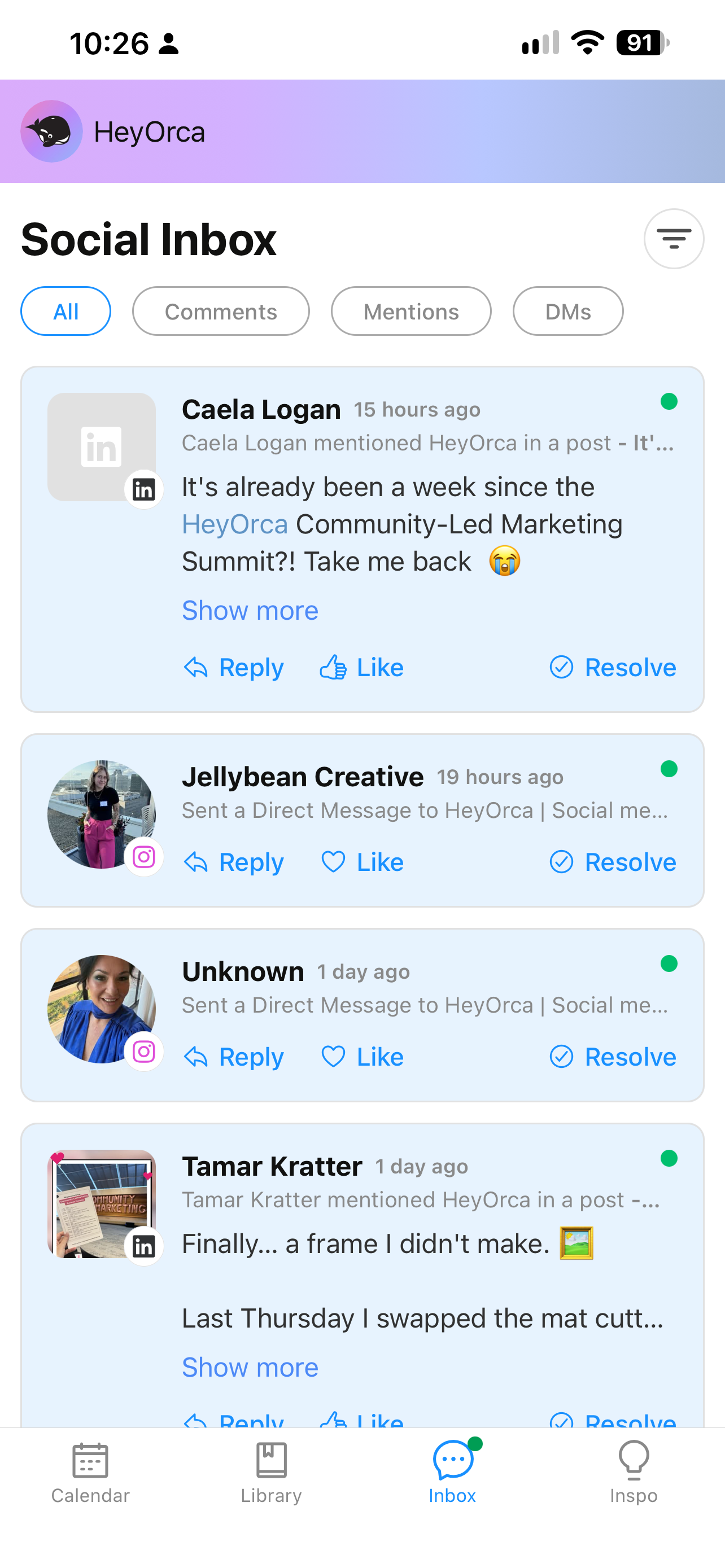 A screenshot of a social media engagement app interface showing a list of interactions. The top interaction is a message from Caela Logan referencing a marketing summit. Below, there are messages from 'Jellybean Creative' and 'Unknown' with reply and like options.