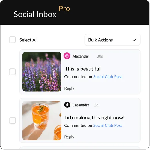 HeyOrca's social media inbox shows two social media posts, one featuring a photo of purple flowers and another featuring a photo of orange drinks. Comments on the posts say, "This is beautiful" and "brb making this right now."