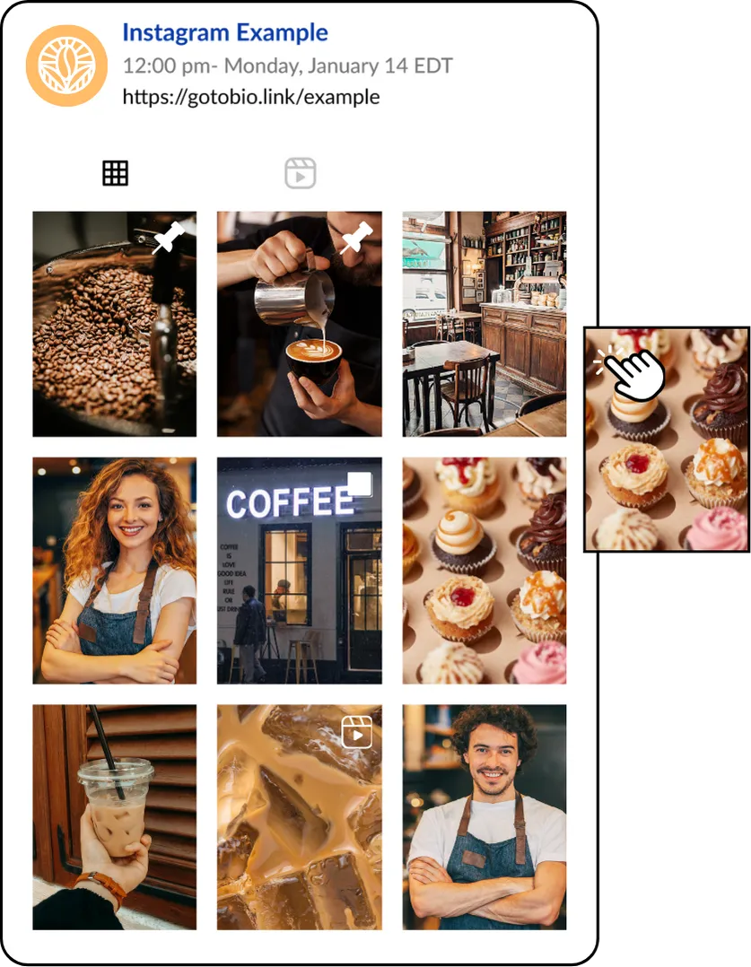 An Instagram feed shows a series of posts for a coffee shop. Beside the feed, a computer cursor drags a post from the third row to the first.