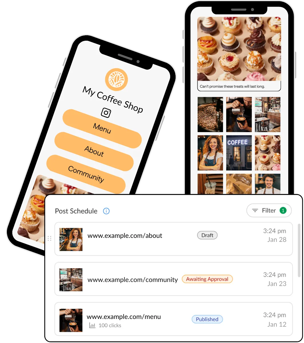 A collage featuring Instagram Bio Link landing pages on smartphones depicting clickable CTAs that are associated with Instagram posts for a coffee shop. The landing pages are overlaid by a HeyOrca analytics menu that shows how many clicks each CTA received.  