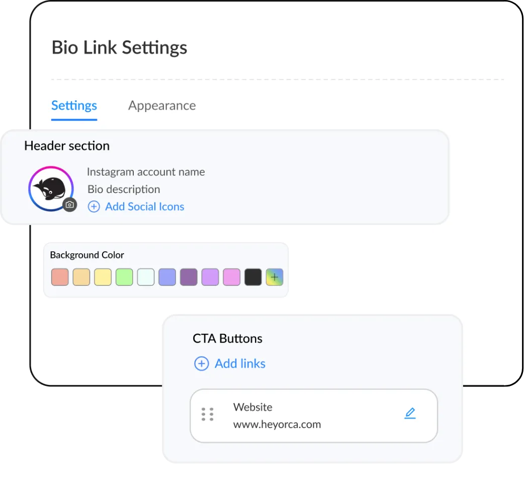 HeyOrca Bio Link settings page displays options to edit background colour, CTA buttons, header section, and more. 
