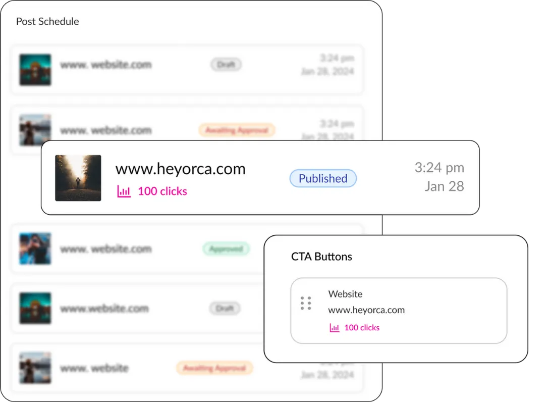Collage of HeyOrca Bio Link page shows a list of scheduled social media posts overlaid by modules that say "100 clicks."