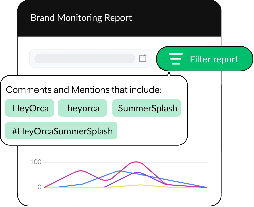 HeyOrca Brand Monitoring report shows filter option with text: "Include comments and mentions with the following keywords" followed by a list of keywords.