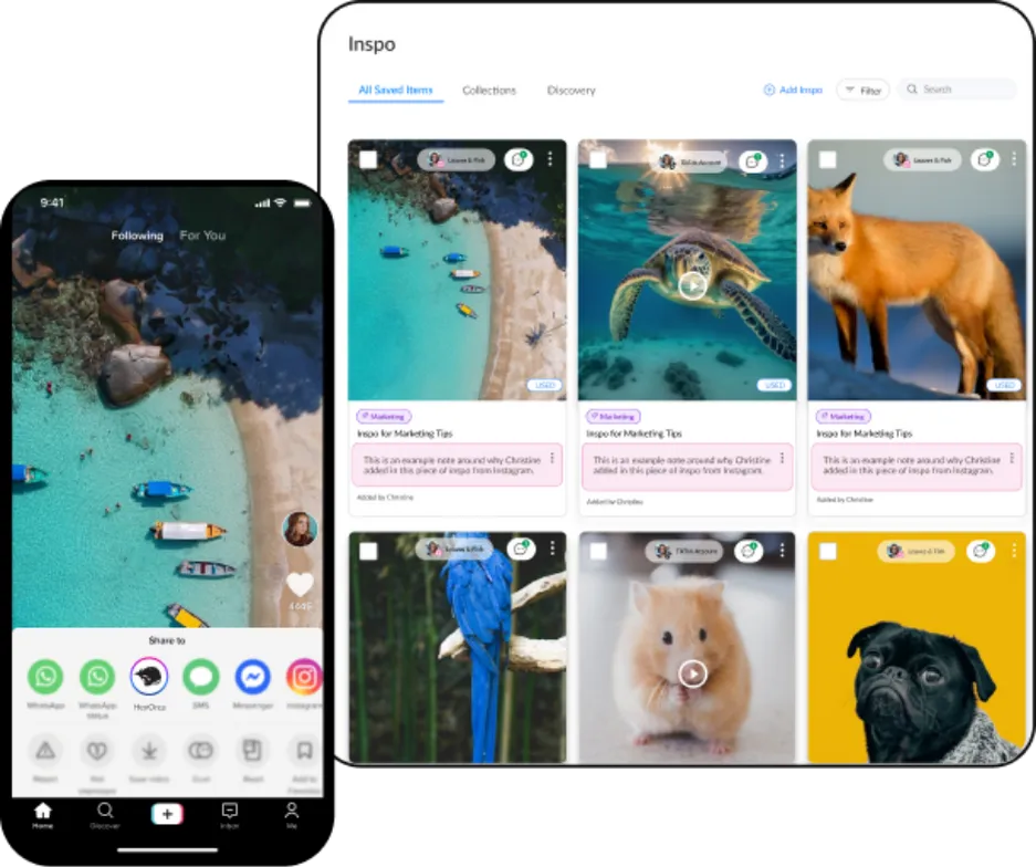 Collage showing HeyOrca's Inspo Library with gallery of saved social media posts overlaid by smartphone showing how to save a video from mobile. 
