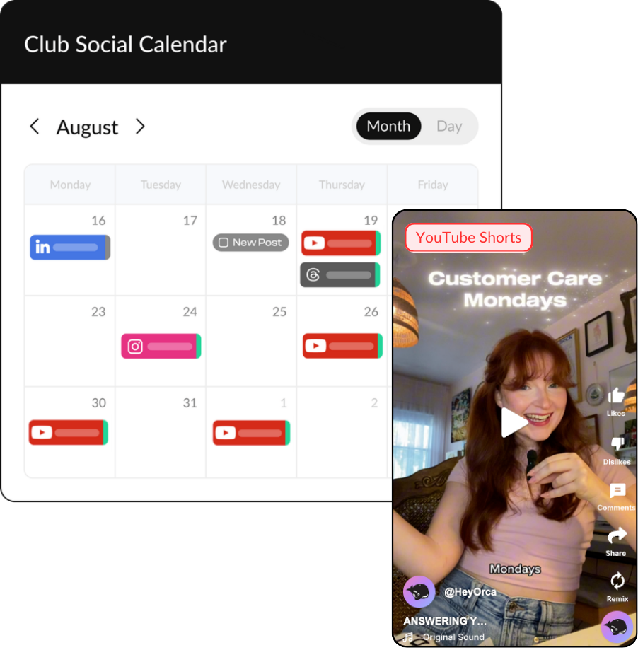 HeyOrca's content calendar set to a monthly view surrounded by Instagram posts and a line graph depicting Instagram analytics
