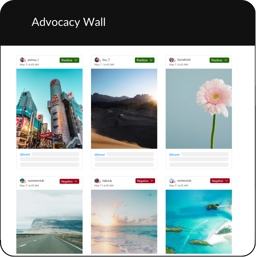 HeyOrca Advocacy Wall showing social media posts that mention the brand, each with a sentiment label that reads "Positive," "Negative," or "Neutral."