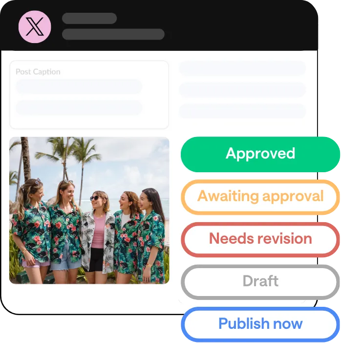 Mock up of an X (Twitter) social media post overlaid by buttons that read: Approved, Awaiting Approval, Draft, Needs Revision, and Publish Now.