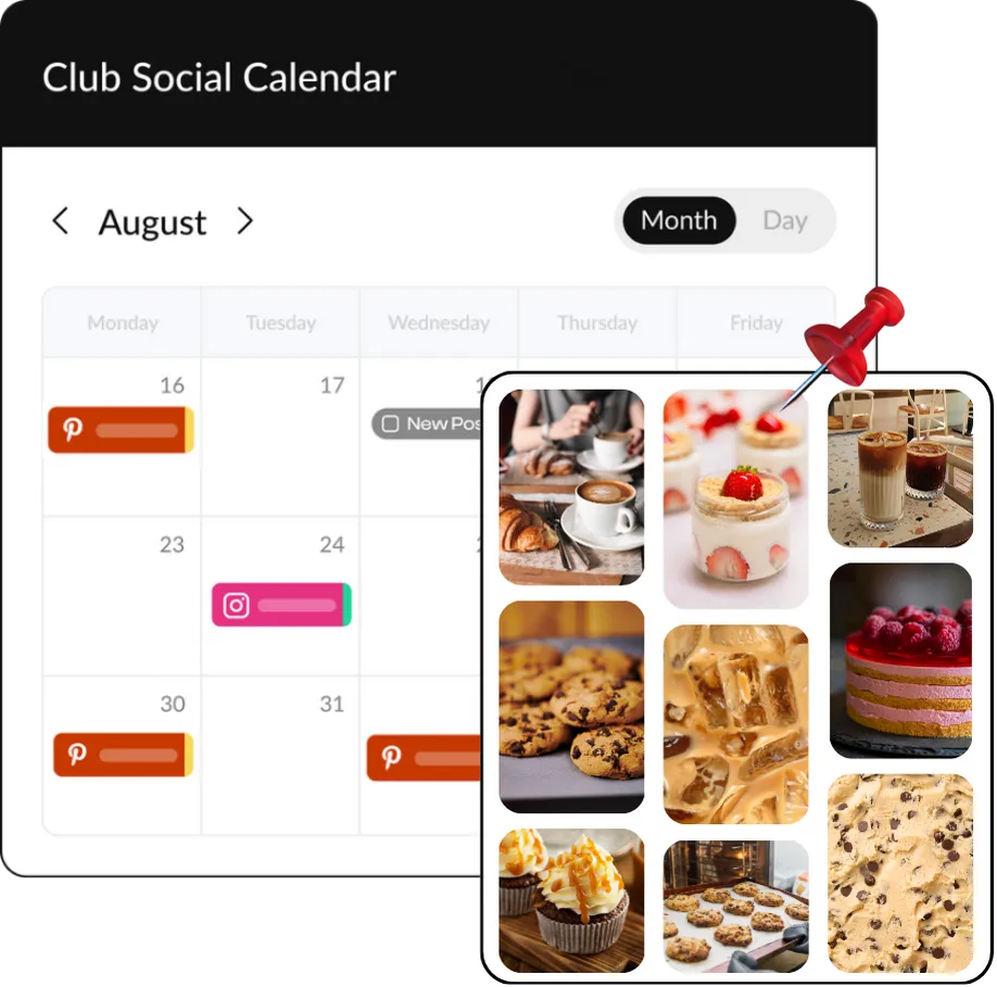 HeyOrca's content calendar set to a monthly view surrounded by TikTok posts and a line graph depicting TikTok analytics.