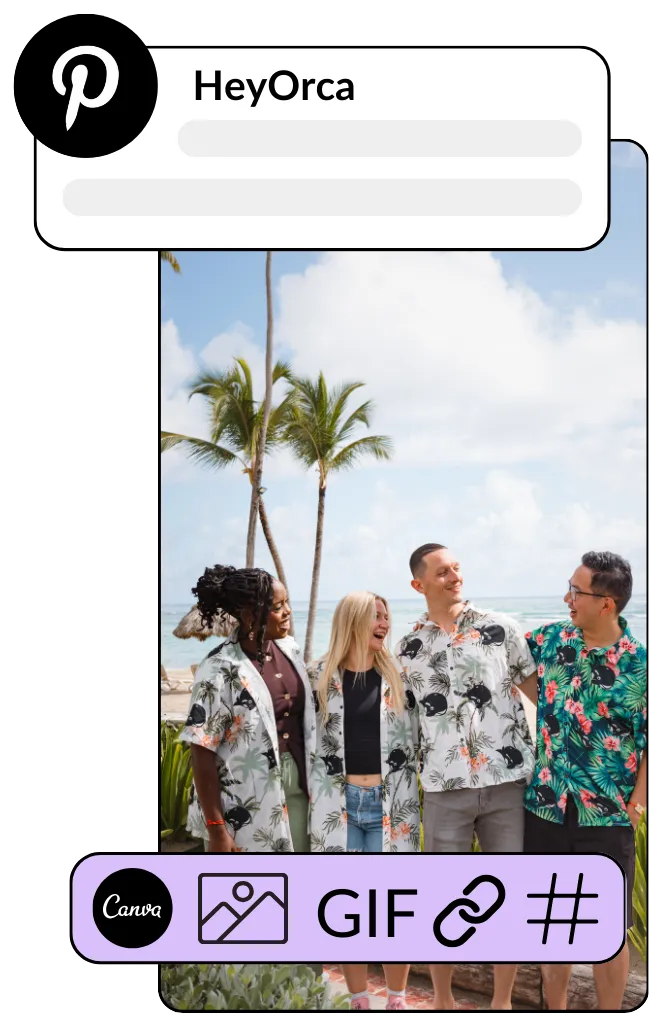 Collage showing people on a beach smiling for a group picture overlaid by Pinterest logo, Canva logo, image icon, GIF icon, link icon, and hashtag icon in purple.