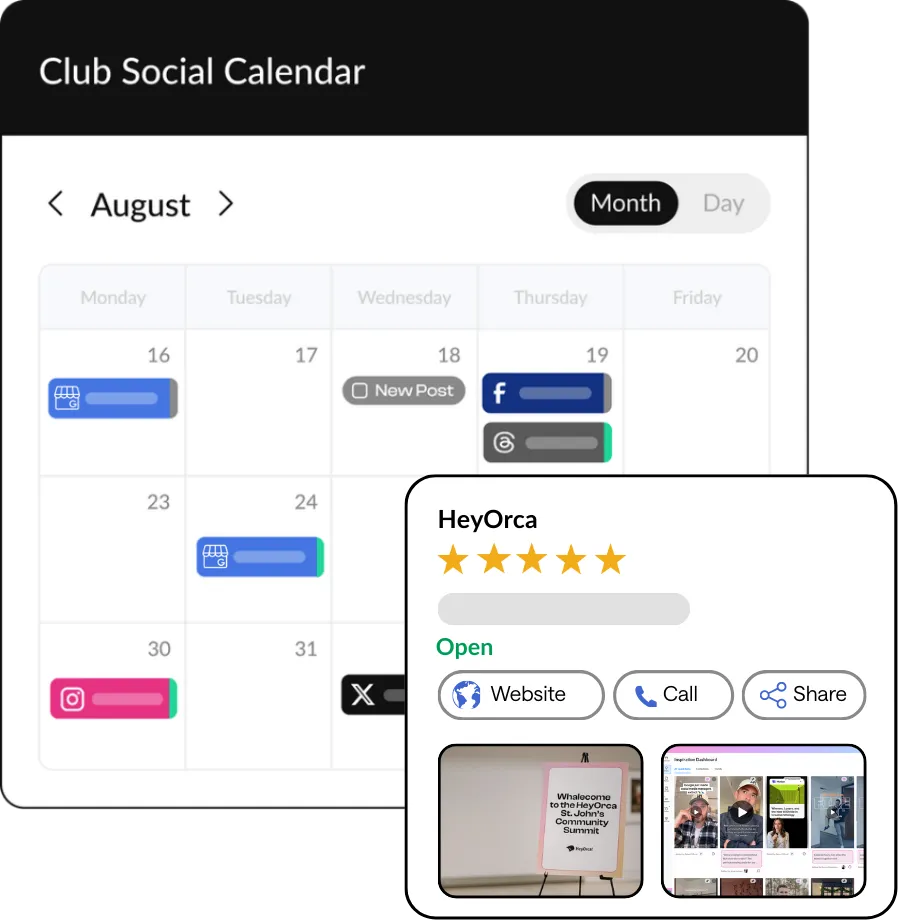 Collage showing HeyOrca's Google Business Profile integration with social media content calendar overlaid by mock-up graphic of a Google Business Profile.