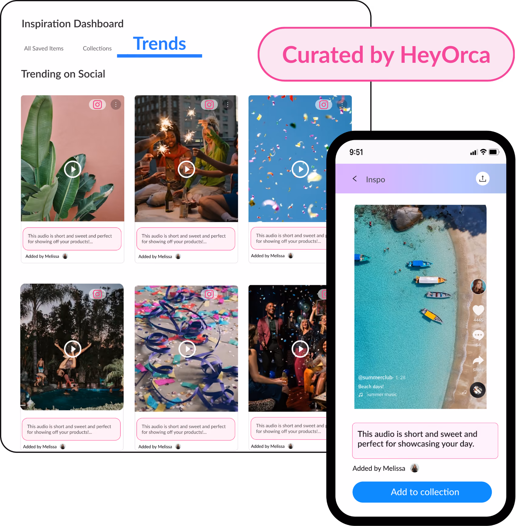 Desktop view showing gallery os social media video posts overlaid by the mobile version of the same page; a pink "Curate by HeyOrca" button appears at the top of the image.