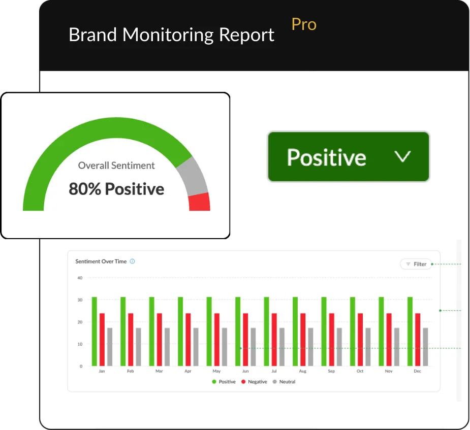 Collage showing green and red Vibe Check meter with 80% positive score, bar graph showing sentiment over time, and "Positive" sentiment label. 