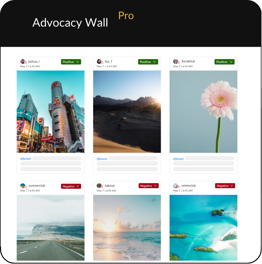HeyOrca Advocacy Wall showing social media posts that mention the brand, each with a sentiment label that reads "Positive," "Negative," or "Neutral."