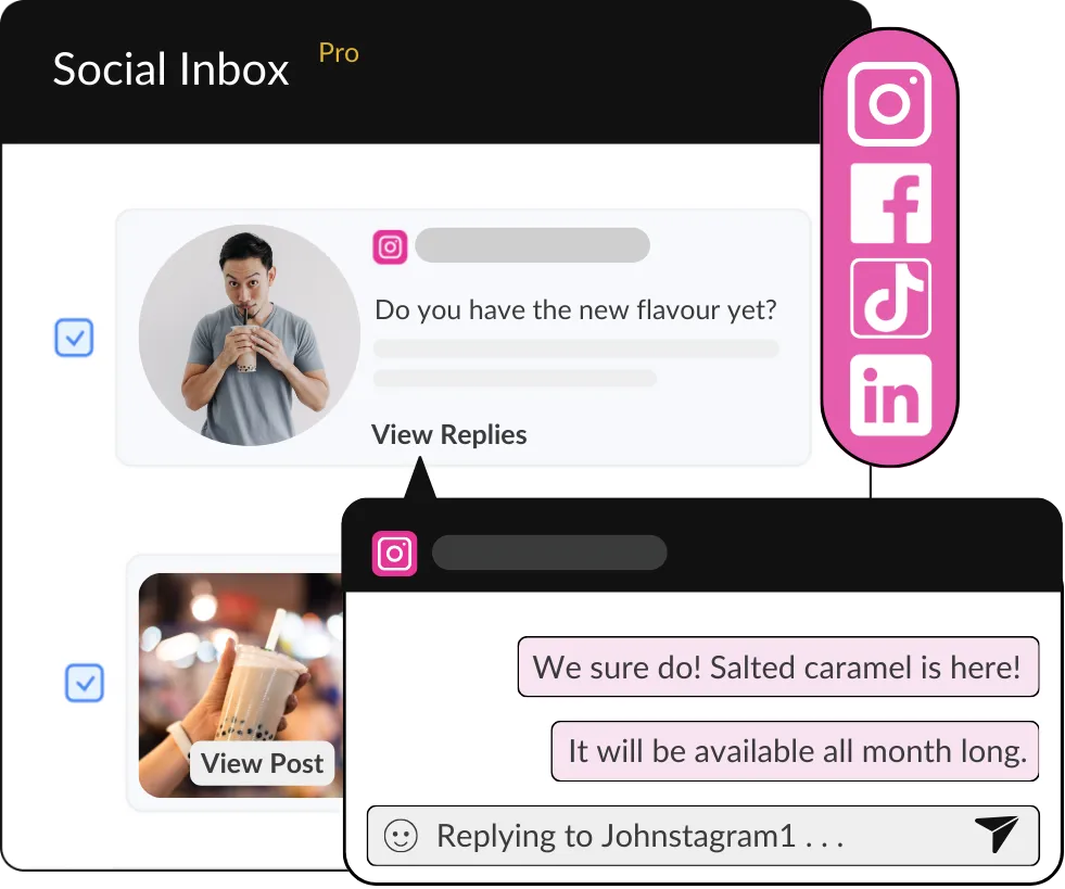 A HeyOrca social media inbox shows Instagram direct messages and comments overlayed by a light pink Instagram direct message conversation depicting responses to a direct message. The graphic is overlayed by white Instagram, Facebook, TikTok, and LinkedIn logos on a pink background.