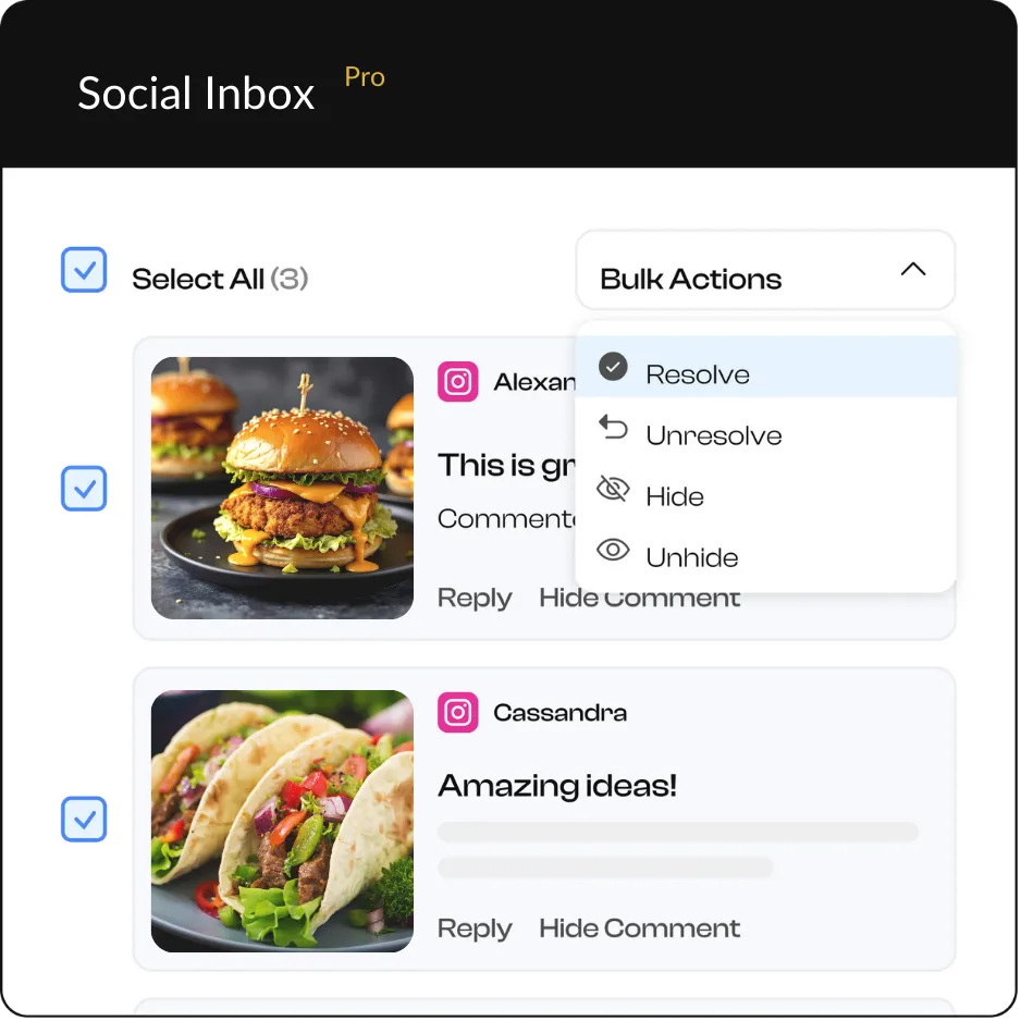 HeyOrca Community Management tool shows a social media inbox featuring two Instagram posts overlaid by a drop-down box called "Bulk Actions" with options to resolve, unresolve, hide, and unhide messages.
