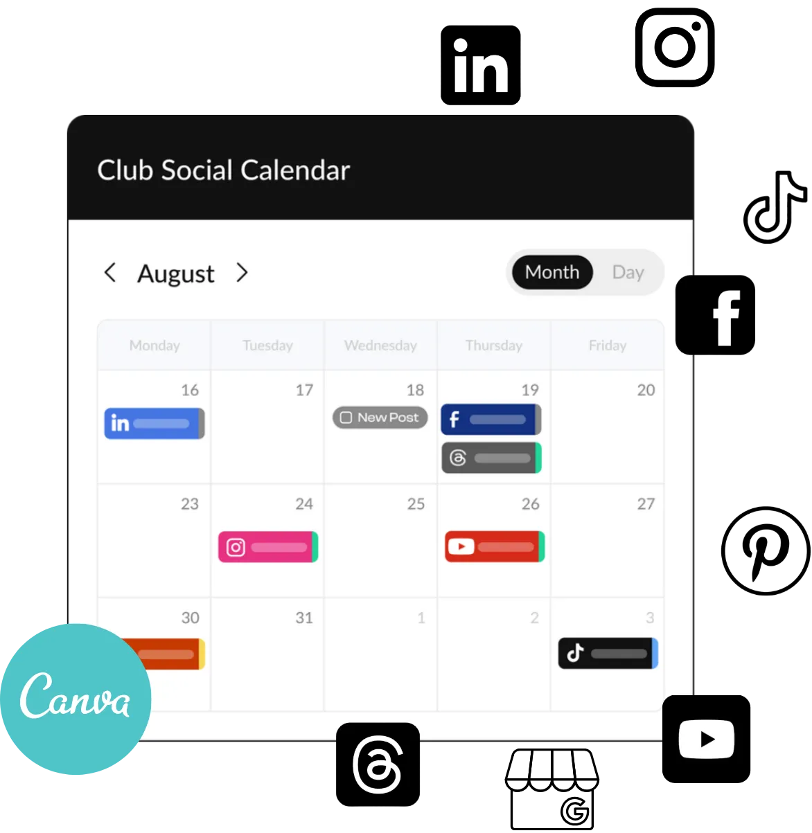 HeyOrca social media calendar surrounded by social media logos: Instagram, Facebook, YouTube, LinkedIn, Threads, X (Twitter), Google Business Profile, Pinterest, TikTok, and Canva.