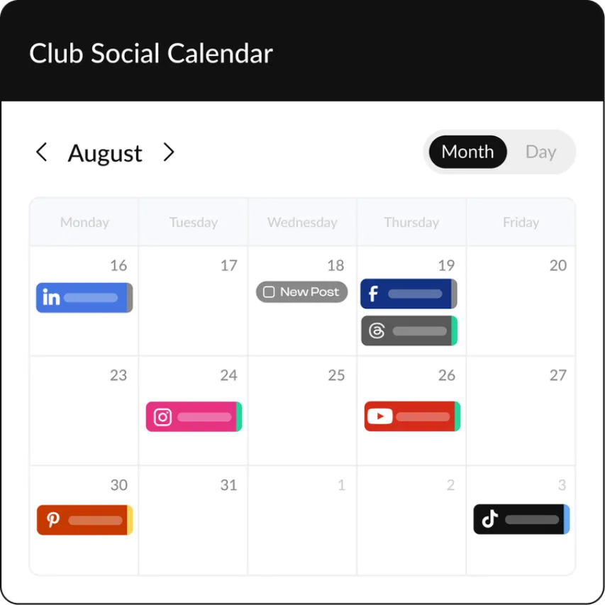  A HeyOrca social media content calendar in month view showing social media posts for Facebook, Instagram, LinkedIn, Pinterest, TikTok, X (Twitter), Threads, and Google Business Profile plotted throughout the month.