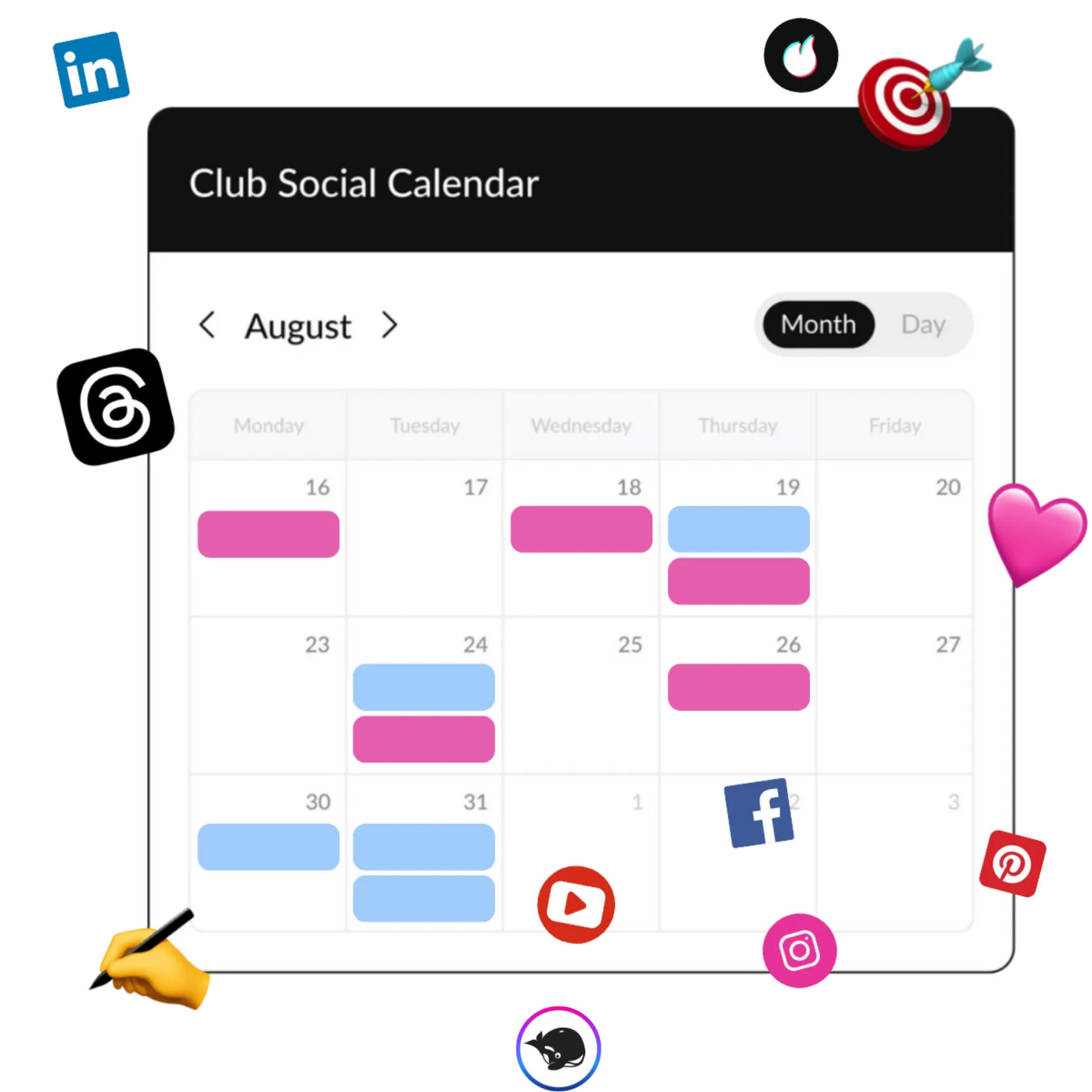 HeyOrca's content calendar set to a monthly view surrounded by Instagram posts and a line graph depicting Instagram analytics