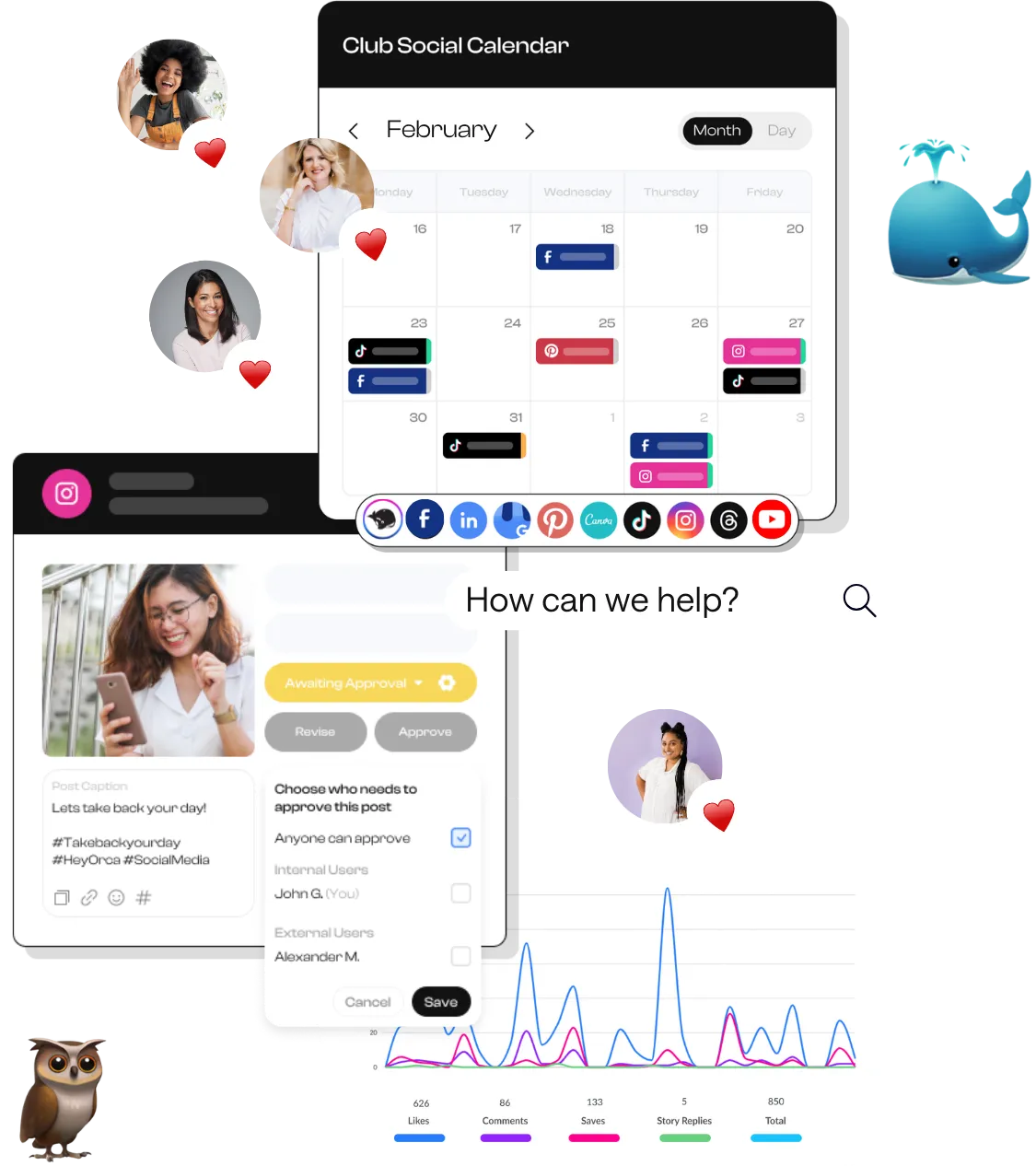 A close-up of HeyOrca’s social media calendar, approvals process, and reporting features. Clients are reacting happily to the changes being done on social.