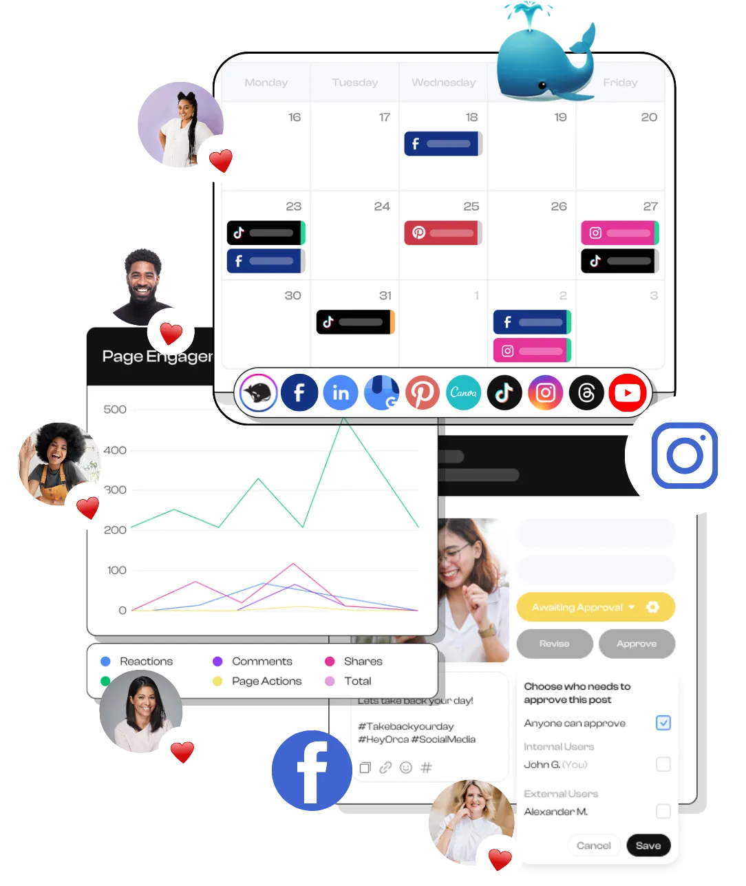 HeyOrca’s social media calendar view, approvals feature with clients, a message from support asking how they can help, and a graph of social media analytics. 