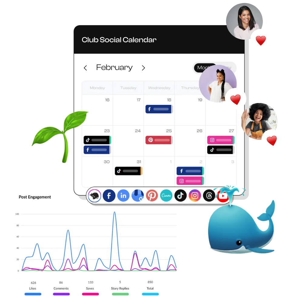 A close-up of HeyOrca’s social media calendar and report features. Happy clients are reacting with hearts.