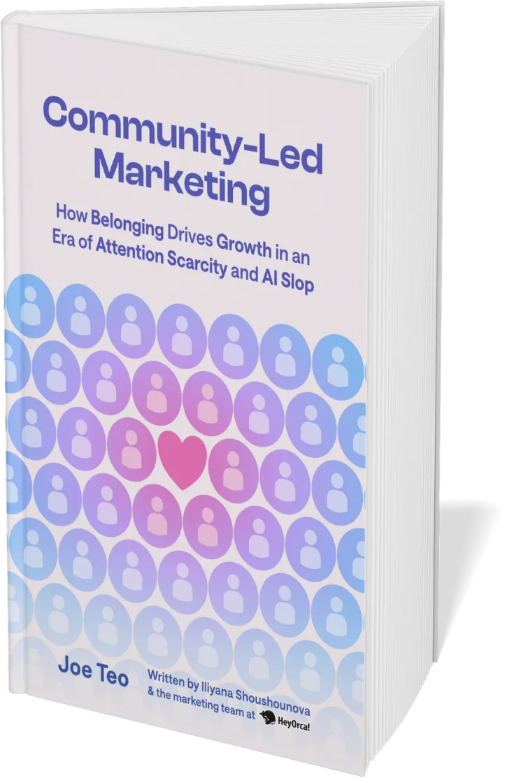 Community-Led Marketing eBook cover shows a pink heart in a circle surrounded by a series of blue circles with profile picture icons in them.