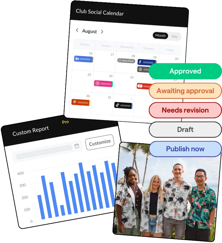 Collage of HeyOrca social media content calendar, HeyOrca social media Custom Report graph, photo of four HeyOrca team members, and buttons with text: Approved, Awaiting approval, Needs revision, Draft, and Publish now.