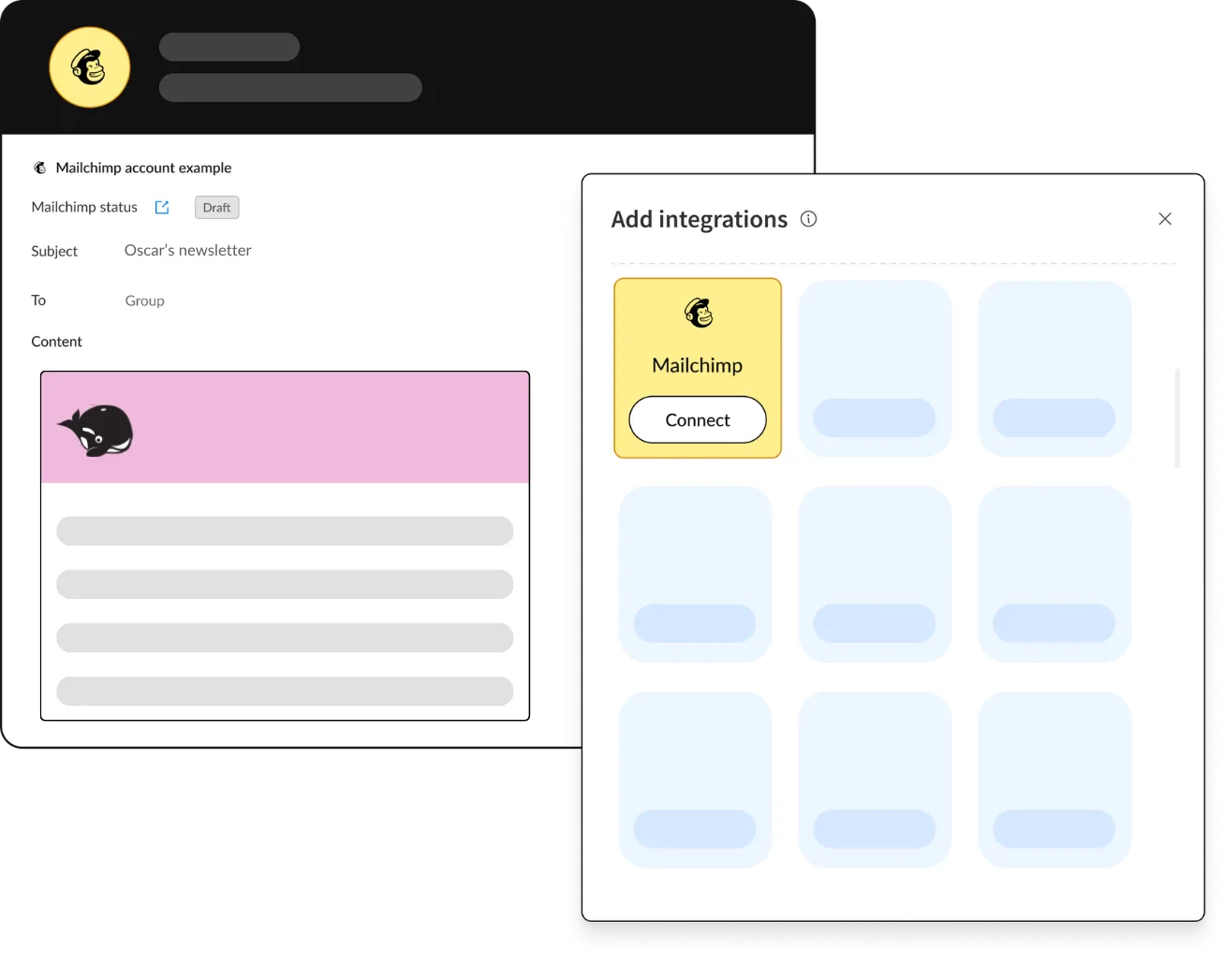 Collage of HeyOrca content calendar with Mailchimp email preview.
