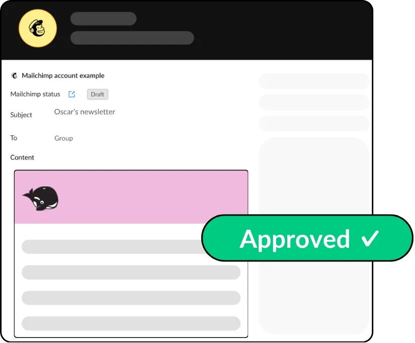 Preview of Mailchimp email content in HeyOrca with green "Approved" button. 