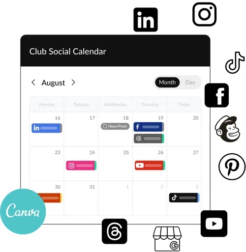 HeyOrca social media calendar surrounded by social media logos: Instagram, Facebook, YouTube, LinkedIn, Threads, X (Twitter), Google Business Profile, Pinterest, TikTok, and Canva.
