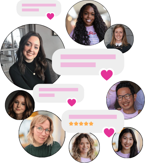 Collage featuring headshots of HeyOrca team surrounded by positive comments and pink hearts.