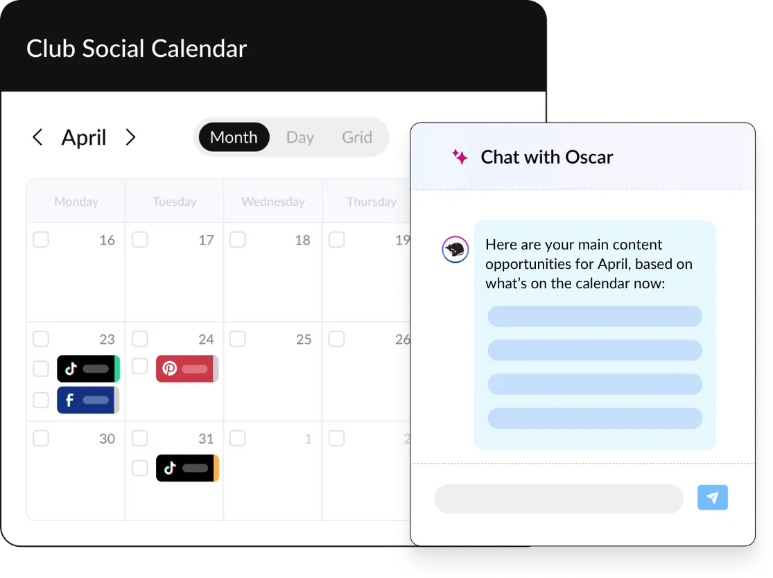 HeyOrca content calendar with open AI chat bubble with message from Oscar that says, "Here are your main content opportunities for April, based on what's on the calendar now."