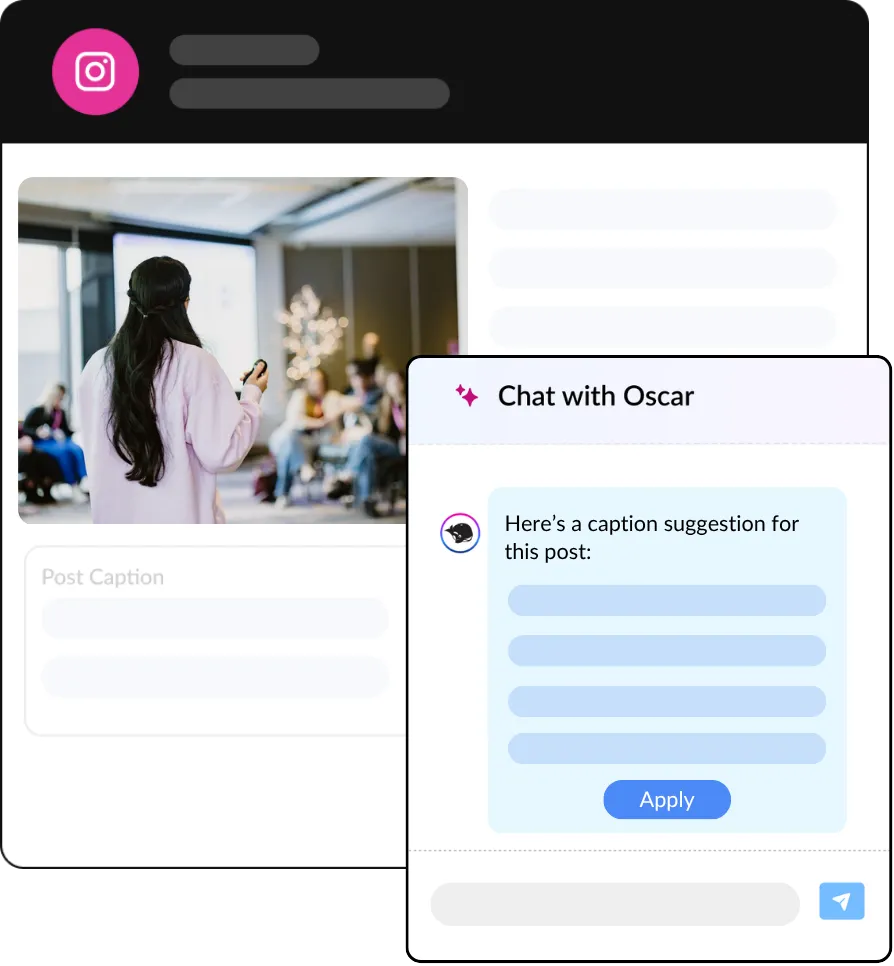 HeyOrca social media post with open AI chat with message from Oscar saying: "Here's a caption suggestion for this post" with a blue "Apply" button.