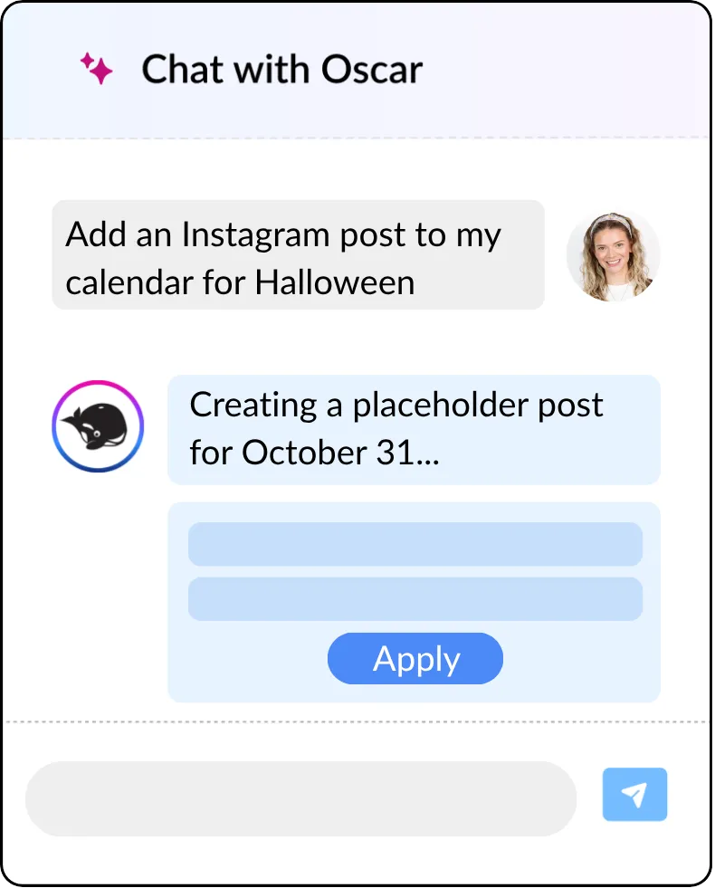 HeyOrca AI chat showing social media marketer asking Oscar to create a post for Halloween. Oscar responds: "Creating a placeholder post for October 31..." with blue "Apply" button.
