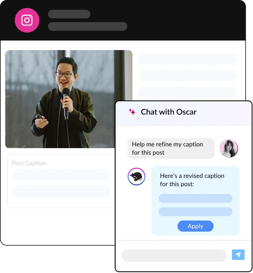 Chat screen showing social media manager asking Oscar to help refine a caption for a social media post.