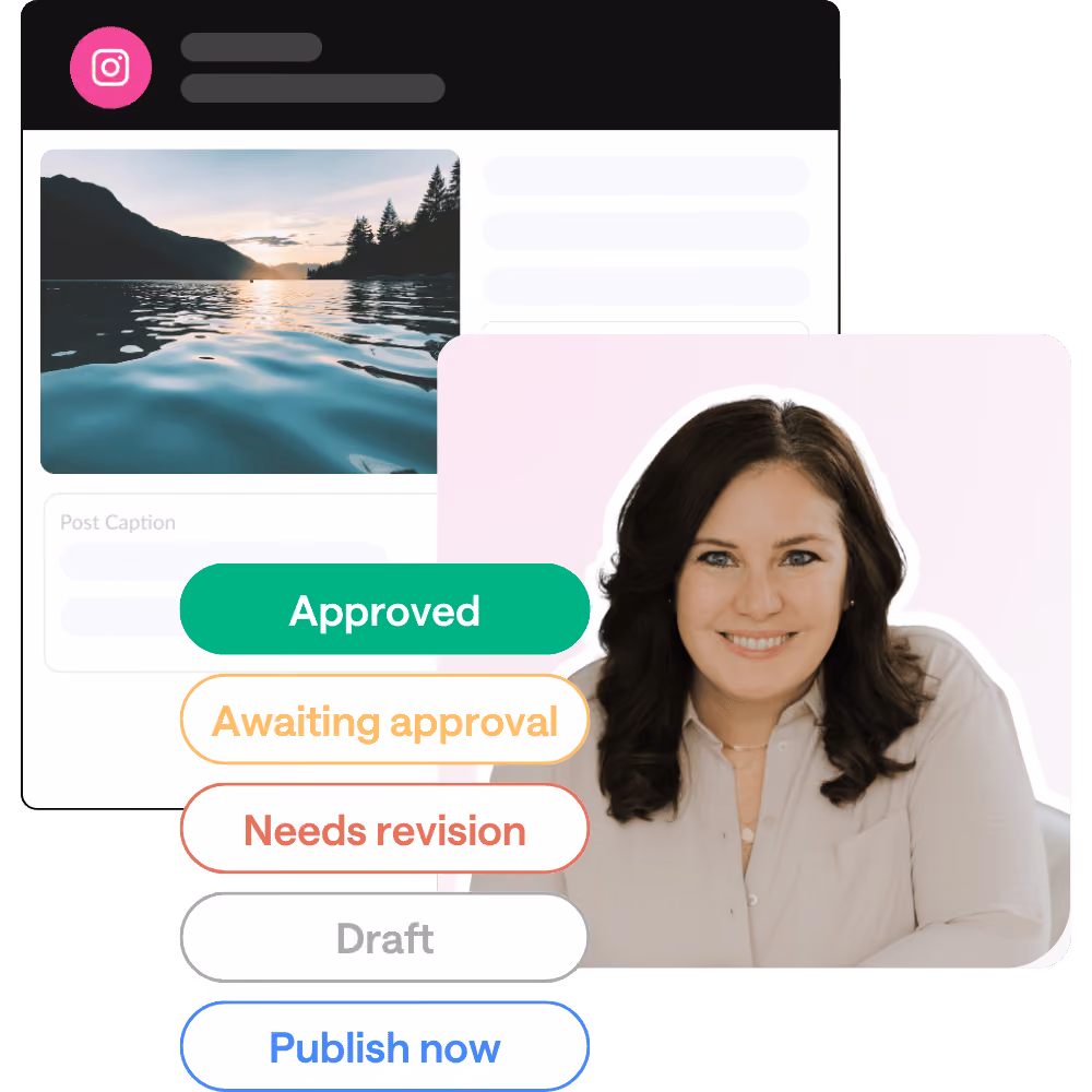 A digital interface showing a profile picture of a smiling woman. Beside her is a blurred webpage featuring a scenic photo of a lake and mountains. Below, various status buttons label content as approved, awaiting approval, needs revision, draft, and publish now.