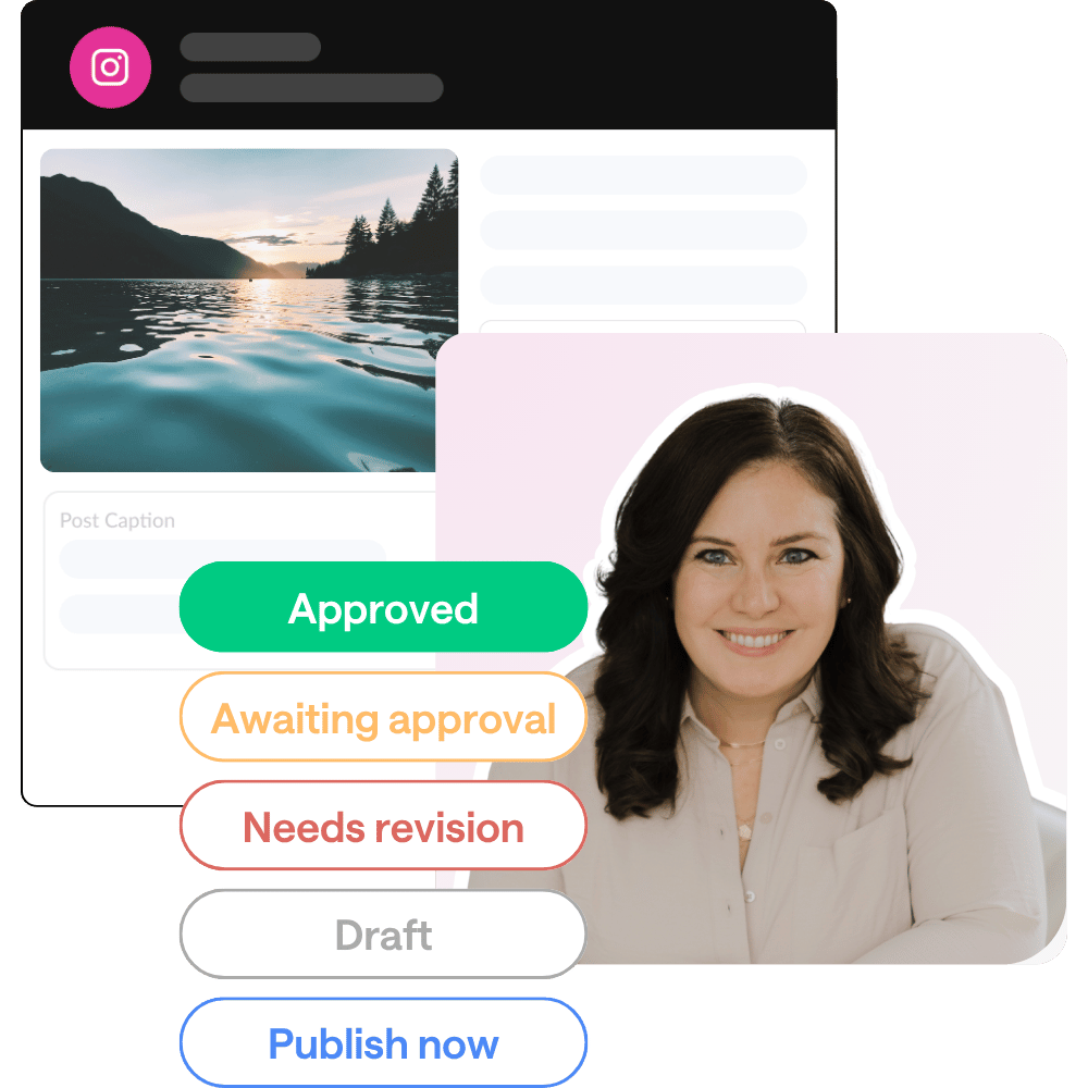 A digital interface showing a profile picture of a smiling woman. Beside her is a blurred webpage featuring a scenic photo of a lake and mountains. Below, various status buttons label content as approved, awaiting approval, needs revision, draft, and publish now.