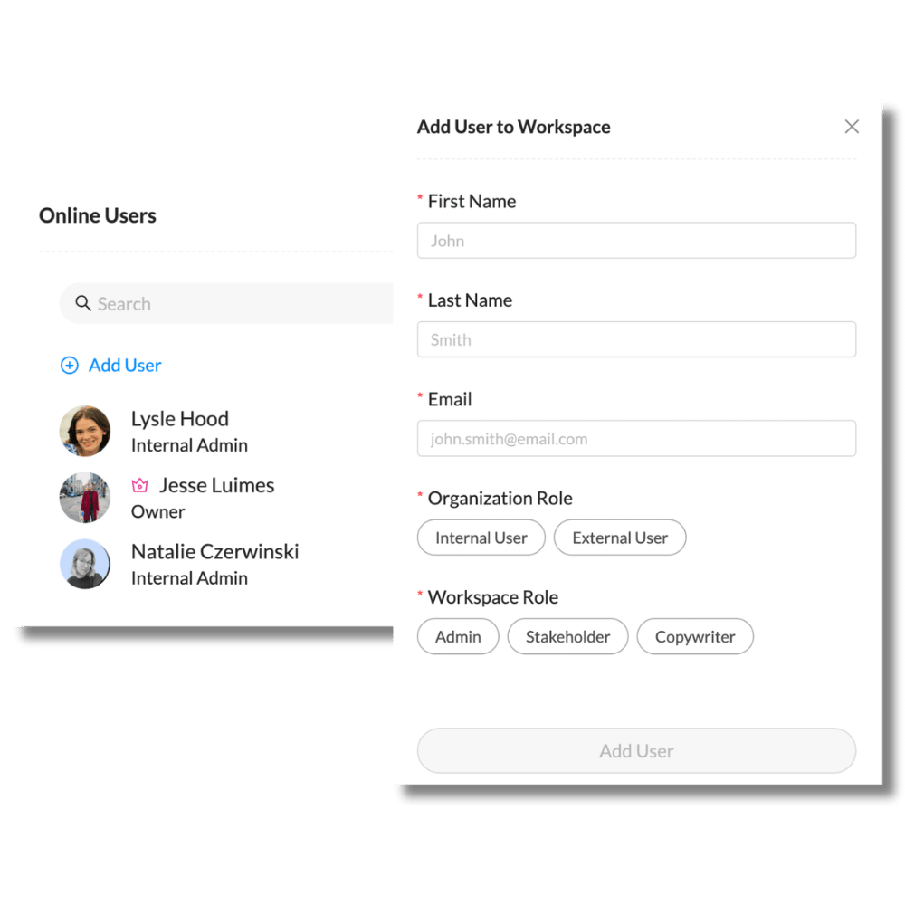 A user interface displaying a contact list on the left with options to add or import people, and a form on the right for adding new users with fields for first name, last name, email, and organization details.